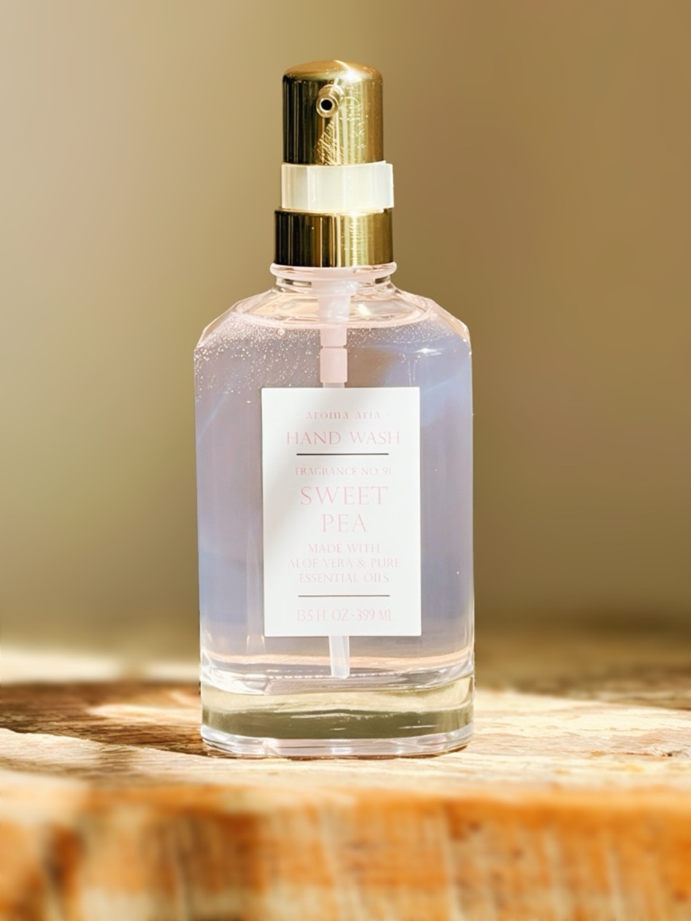 NEW Aroma Aria Sweet Pea Hand Wash / Soap Glass Bottle Gold Pump 13.5 OZ